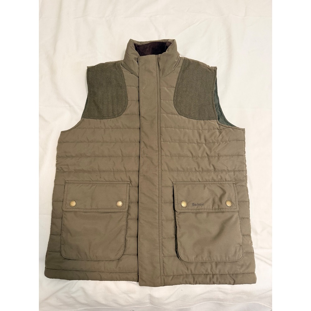 Barbour Mens XL Quilted Shooting Vest Olive Green Gilet Herringbone Patches